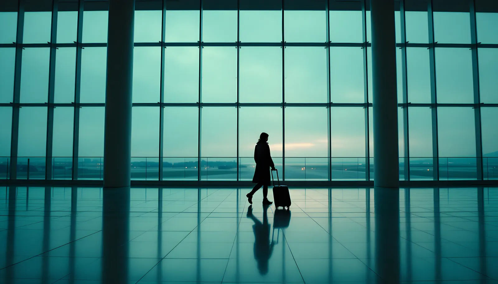 A traveler pulling a suitcase through a quiet airport arrivals hall at dawn