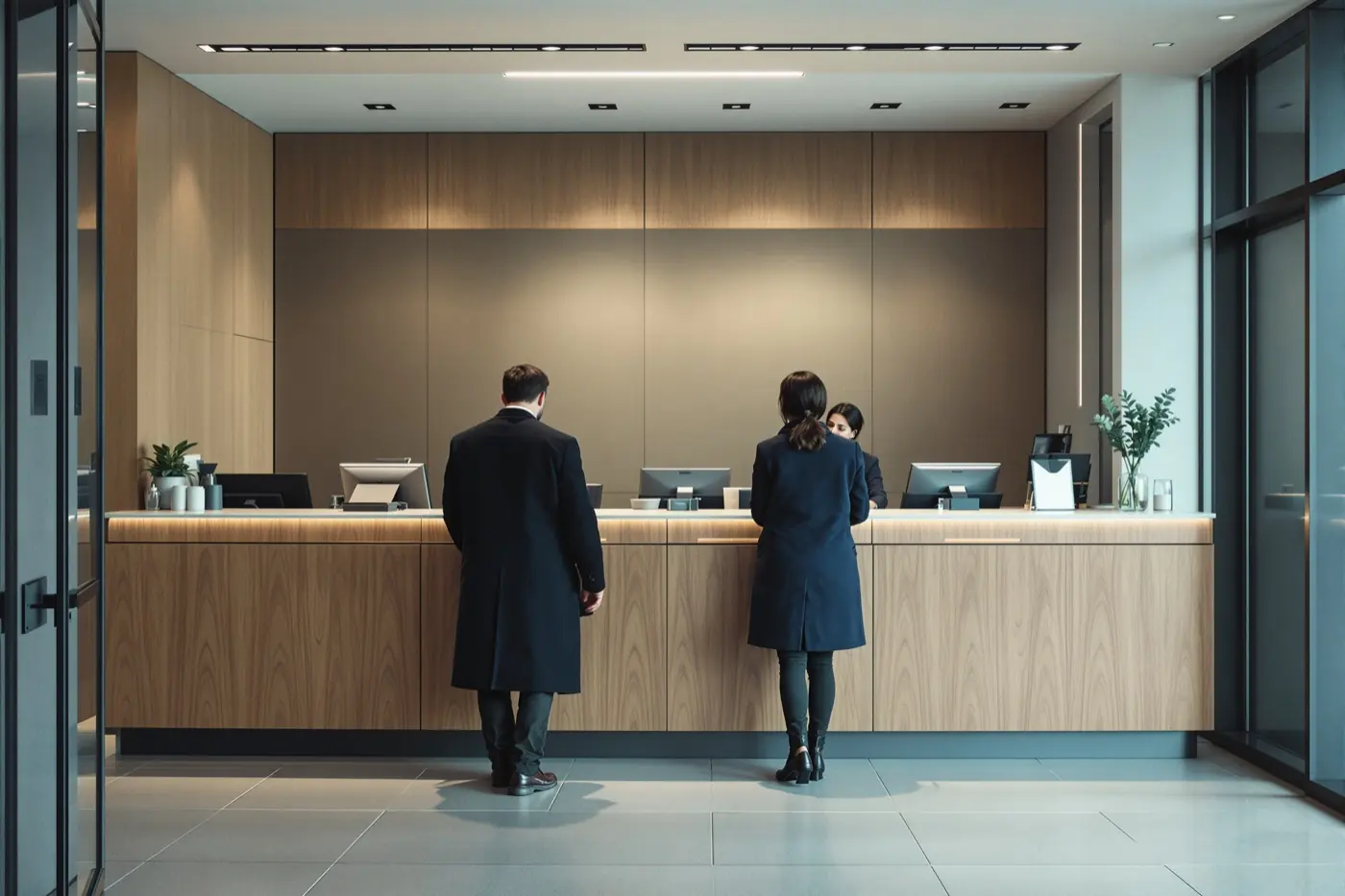 Two clients at the counter of a calm bank branch