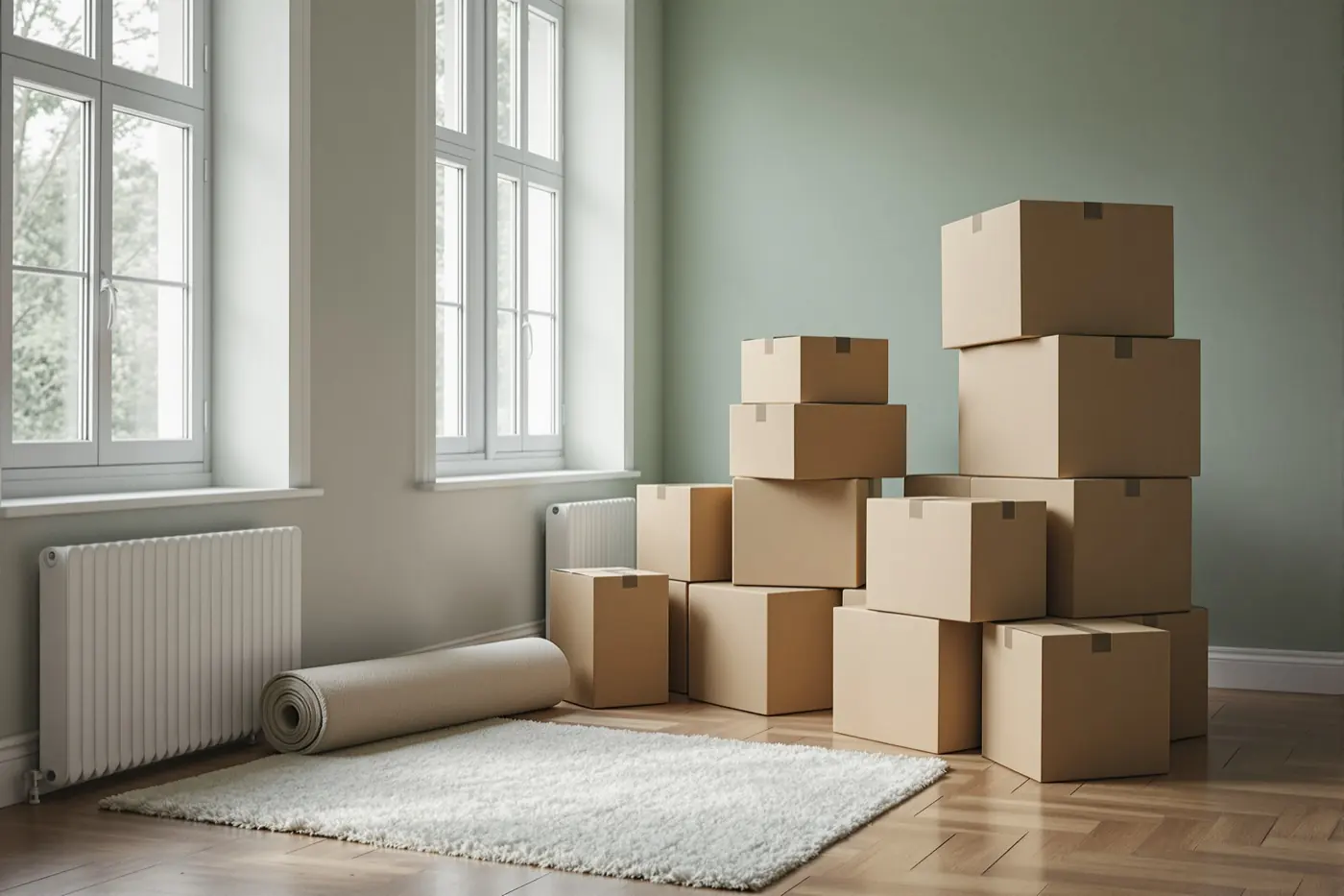 Moving boxes and a rolled rug in a sunny empty room
