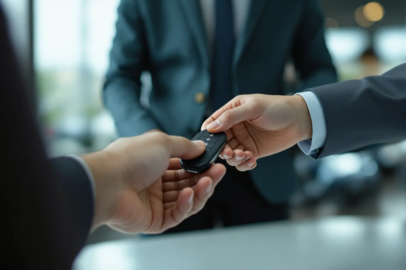 A car key being handed over across a dealership desk