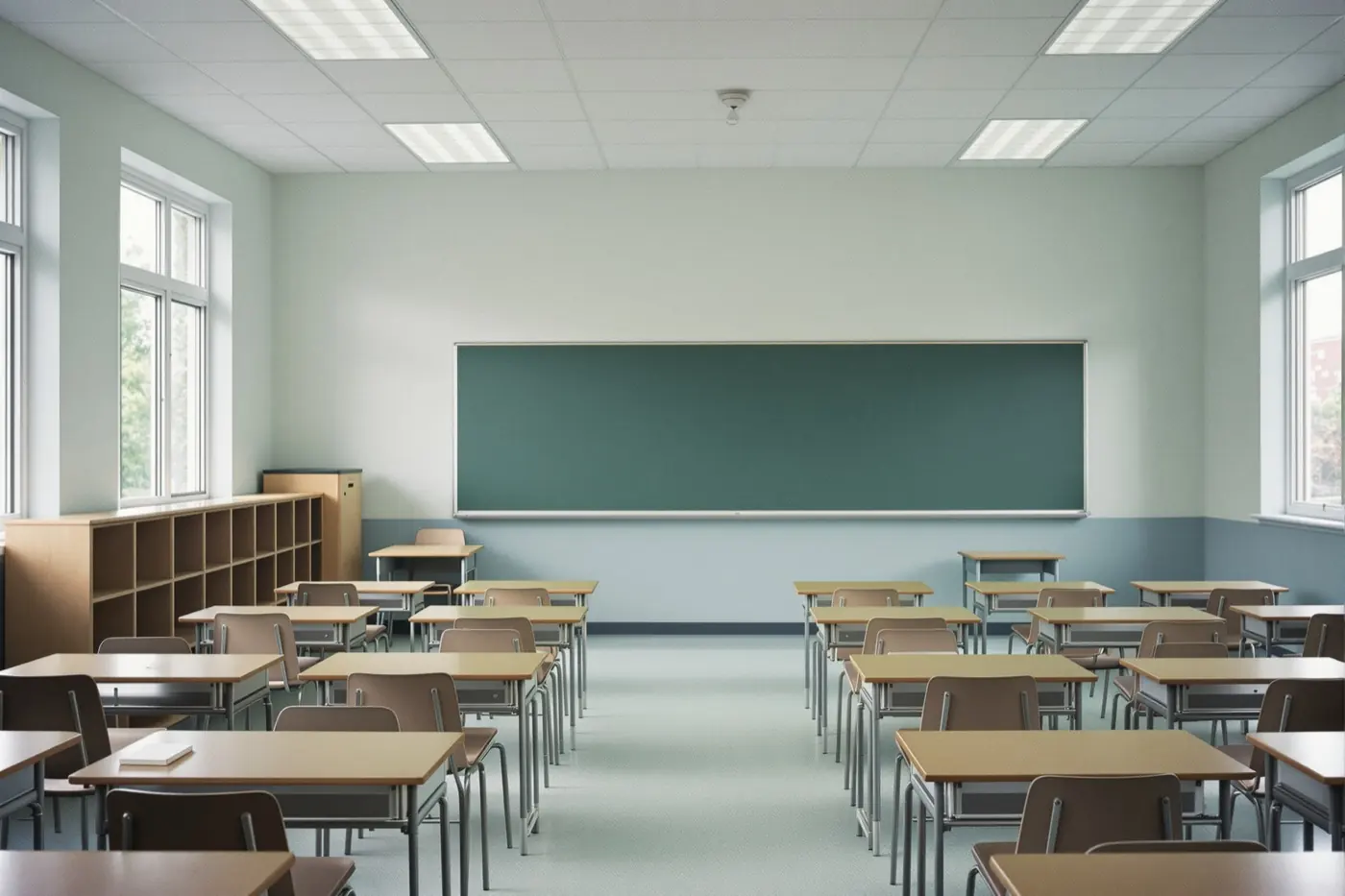 An empty, sunlit elementary school classroom