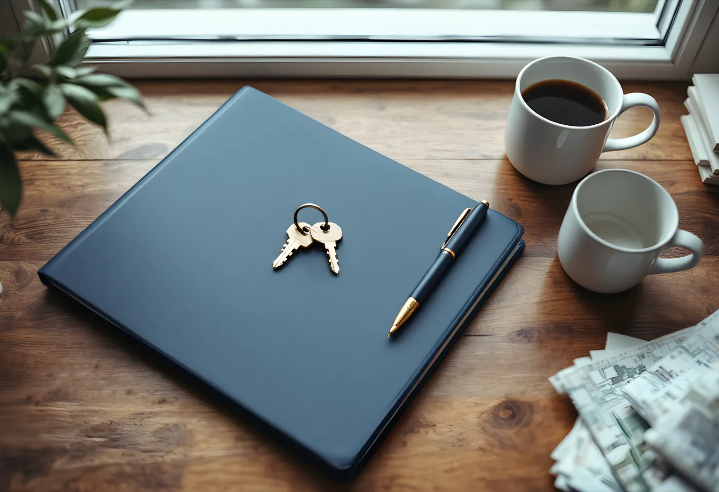 A navy document folder with house keys and a pen on a wooden desk by a window