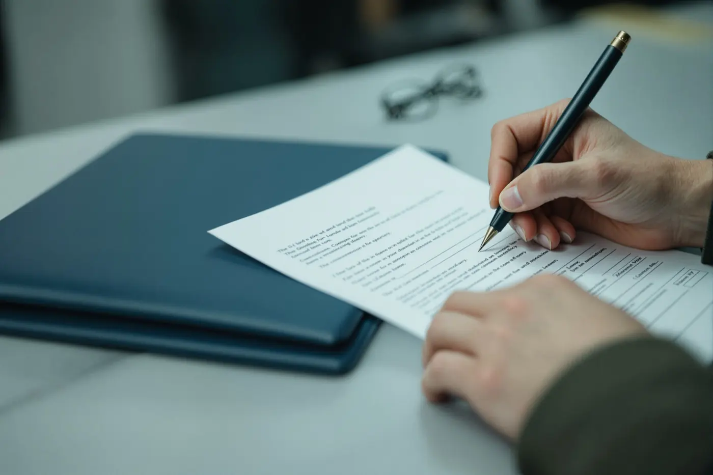 Hands completing a paper form beside a navy folder at an office counter