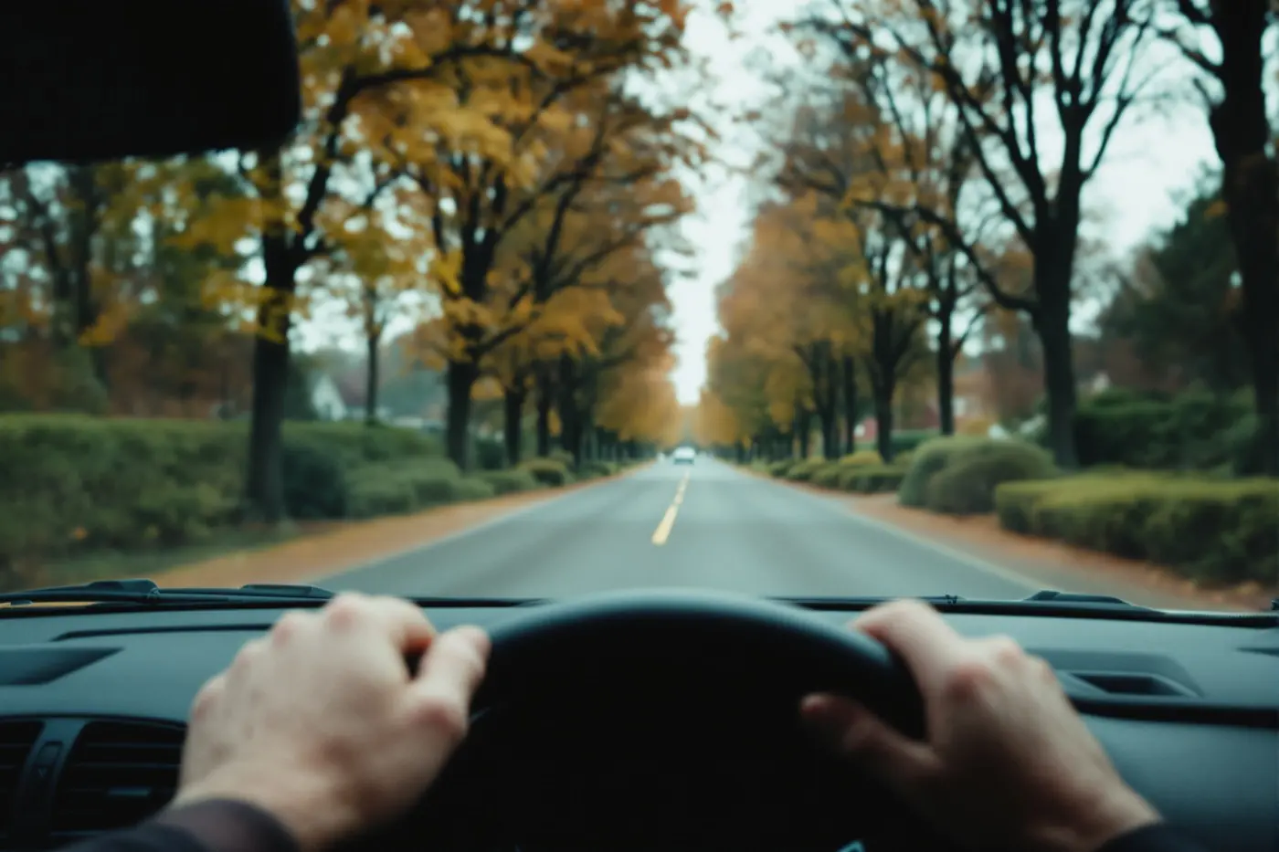 Hands on a steering wheel on a tree-lined suburban road