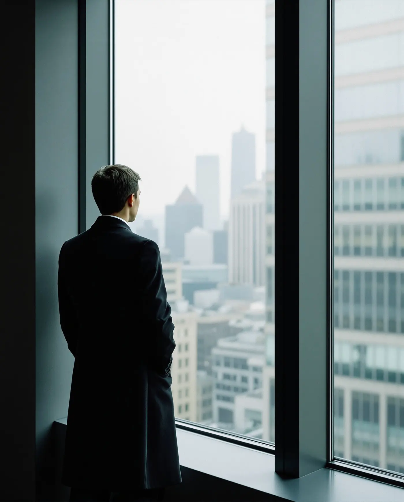 A professional in a dark coat looking out over a city from an office window