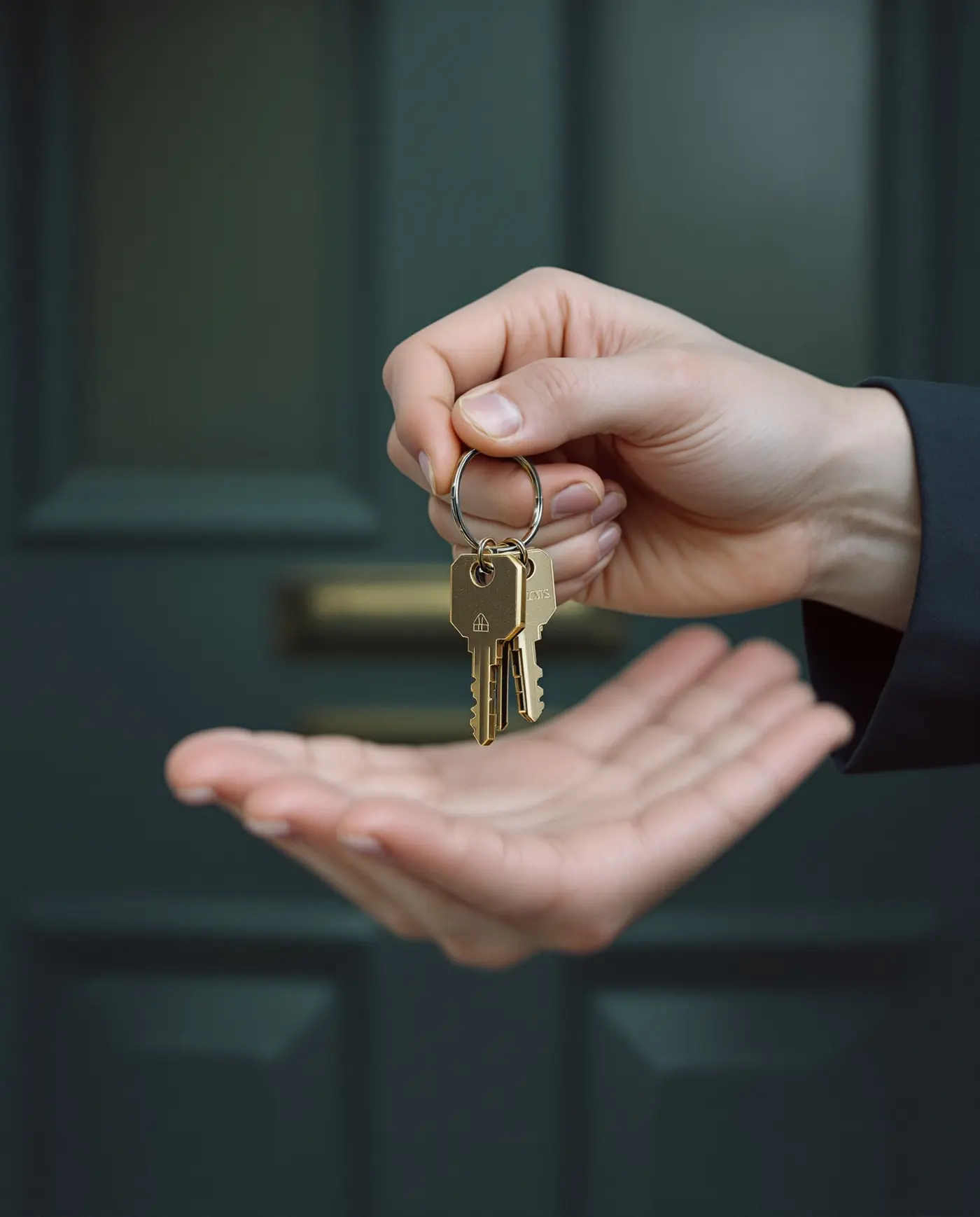 A hand passing a set of house keys into another open hand