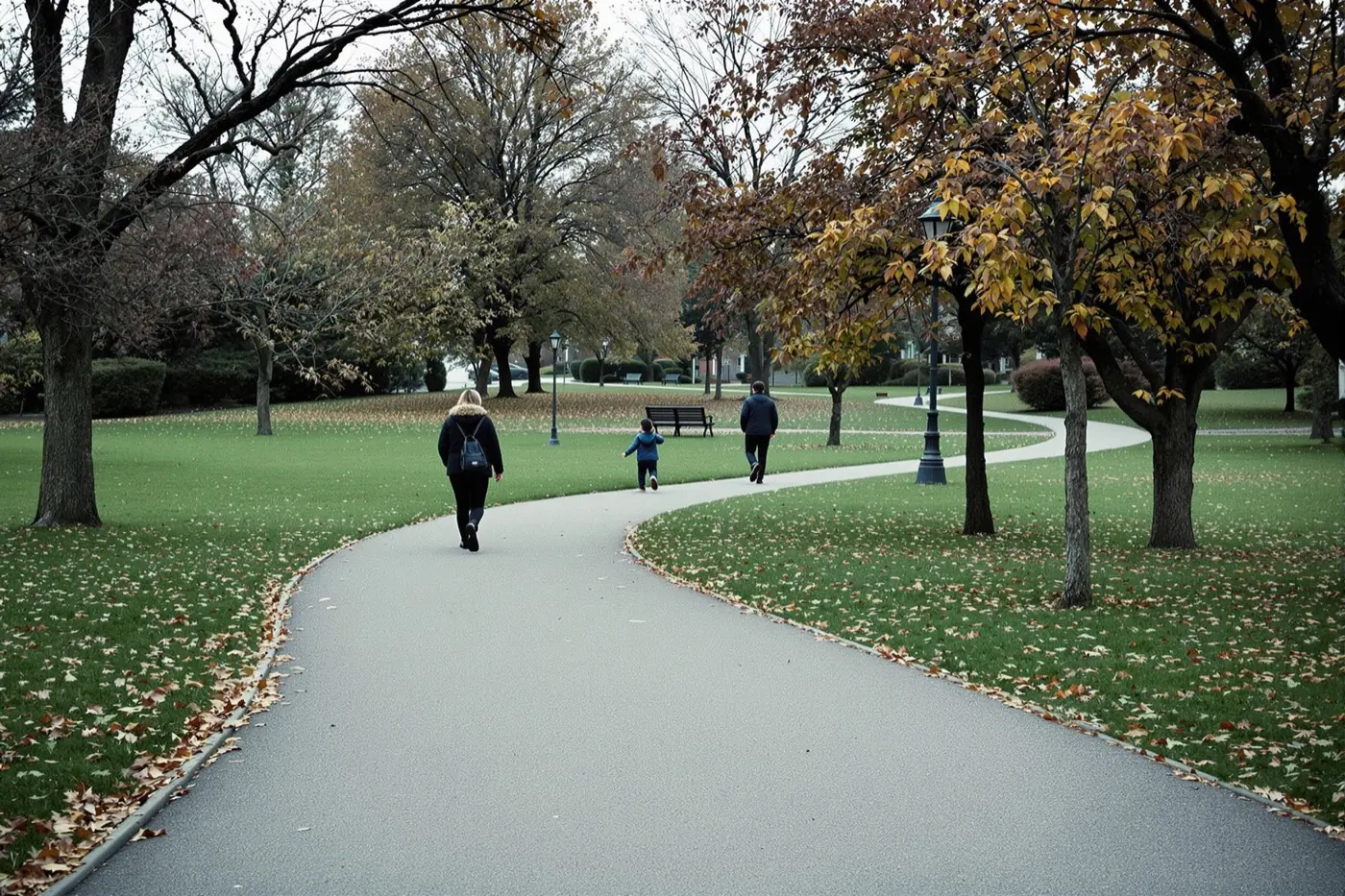 A family walking along a path in a neighborhood park in autumn