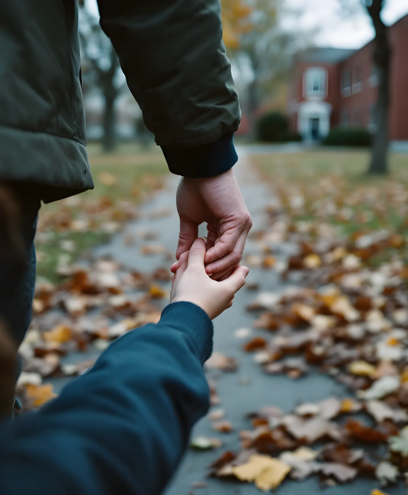 A parent and child holding hands on a leaf-covered path toward a brick school
