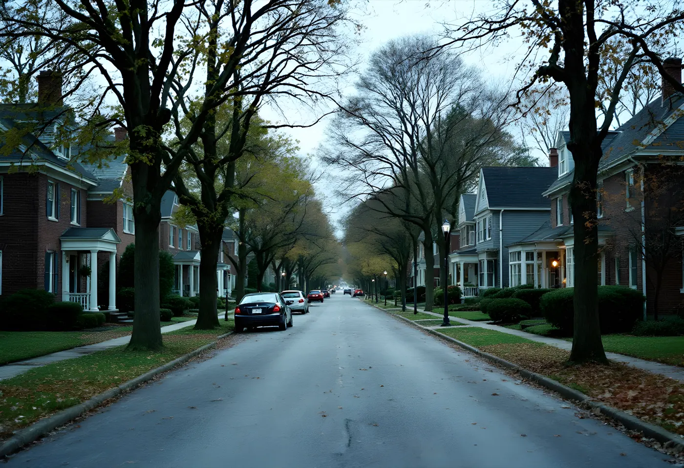 A quiet tree-lined residential street with brick and clapboard houses in early autumn