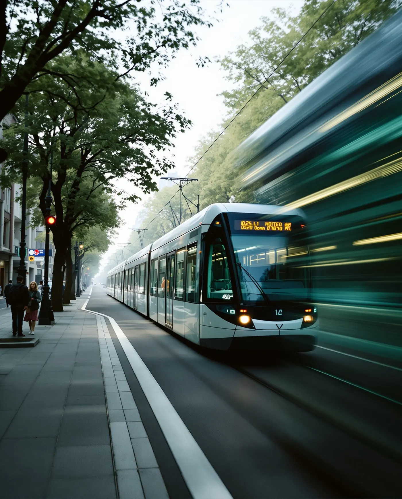 A light-rail train moving along a tree-lined city street