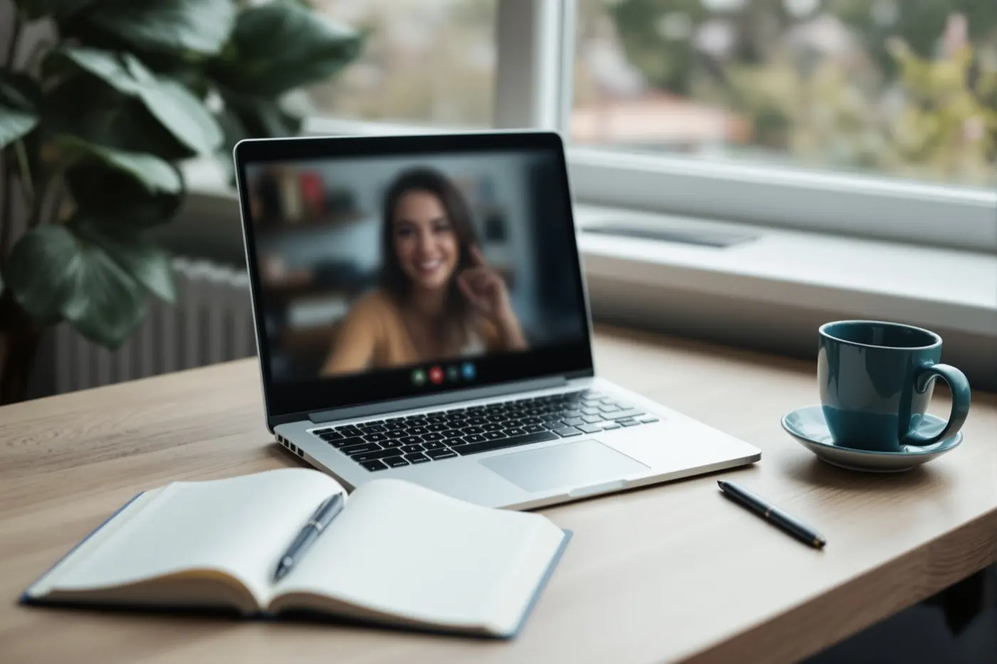 A laptop showing a video call beside an open notebook and coffee